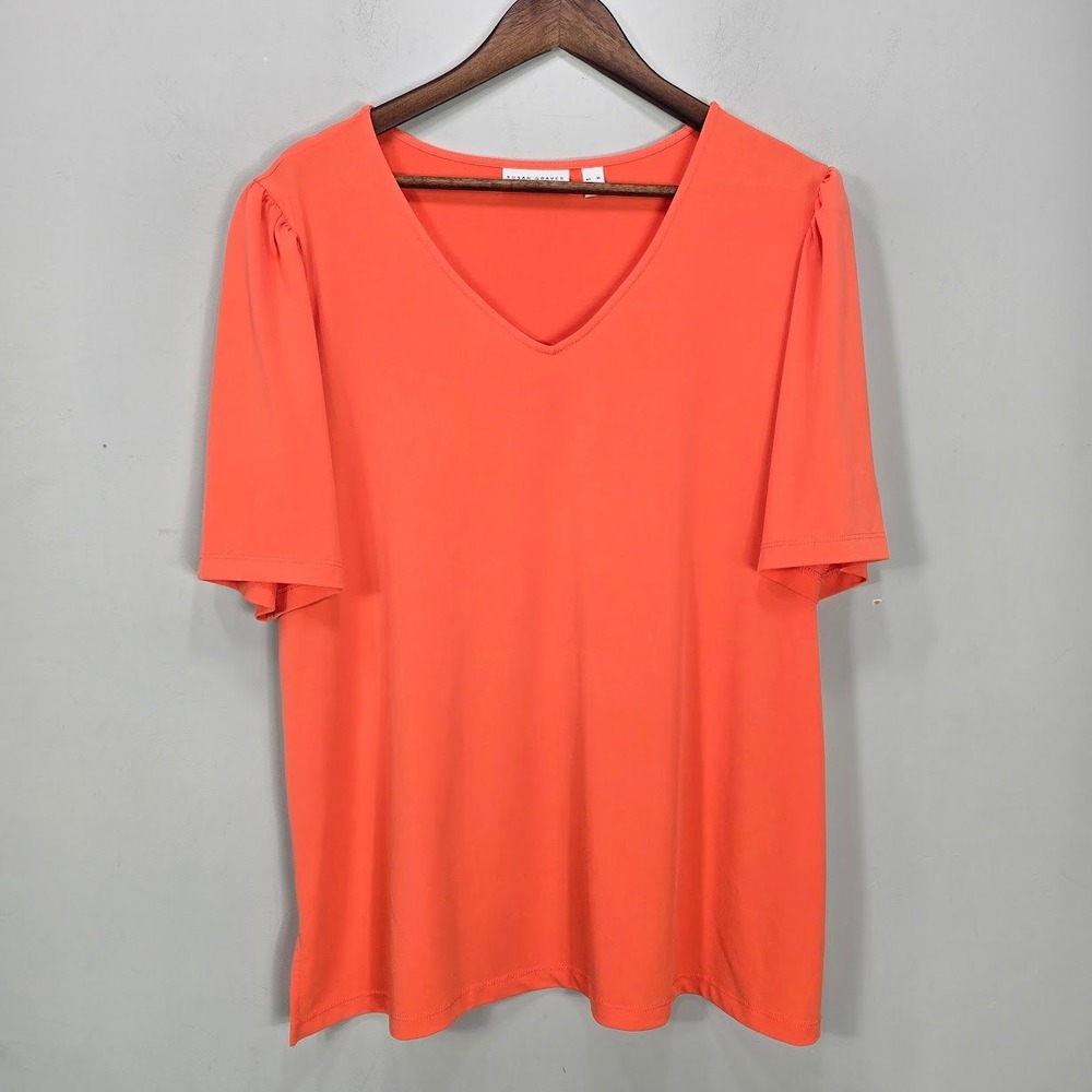 Susan Graver Liquid Knit Top XL Coral Orange V-Neck Top Puff Sleeve Mature